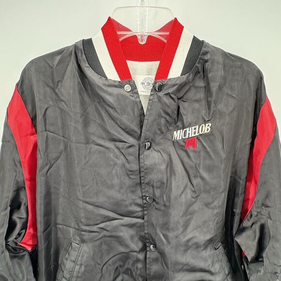 Vintage 80's Michelob Beer Anheiser Busch Black & Red Satin Bomber Jacket L - Picture 2 of 11